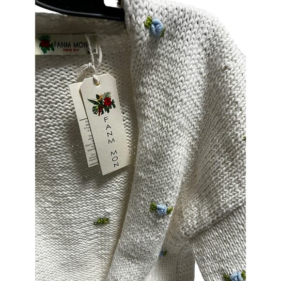 Fanm Mon Hand Knit Blue Rose Cardigan Cotton Sweater | Womens XS S NEW - Picture 11 of 15
